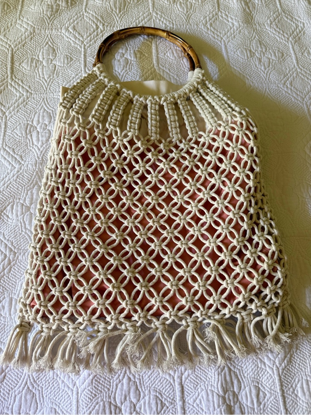 Woven Macramé Tote Bag with Bamboo Handles - Cream